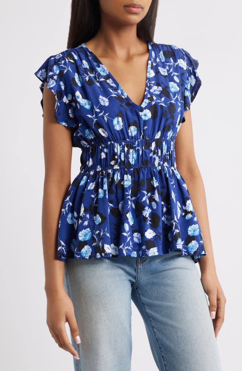 Loveappella Floral Flutter Sleeve Peplum Top, Main, color, Blue