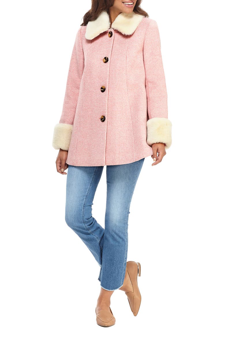 Eloise Check Coat with Faux Fur Trim (Nordstrom Exclusive), Alternate, color, PINK/ WHITE