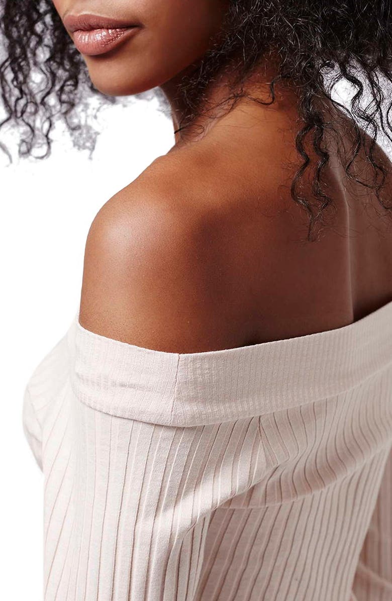 Topshop Half Sleeve Ribbed Bardot Top, Alternate, color,