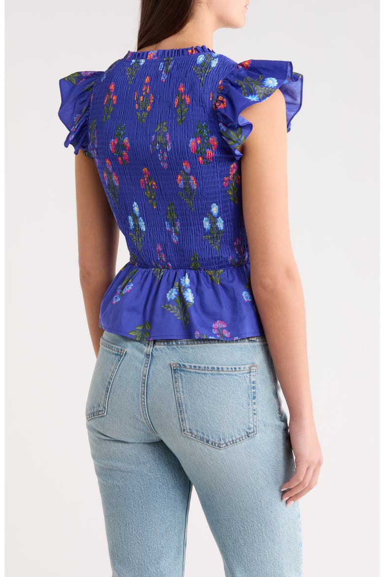 Clemen Floral Brish Smocked Flutter Sleeve Peplum Cotton Top, Alternate, color, NAVY