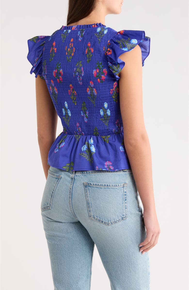SUGARLIPS Clemen Floral Brish Smocked Flutter Sleeve Peplum Cotton Top, Alternate, color, Navy