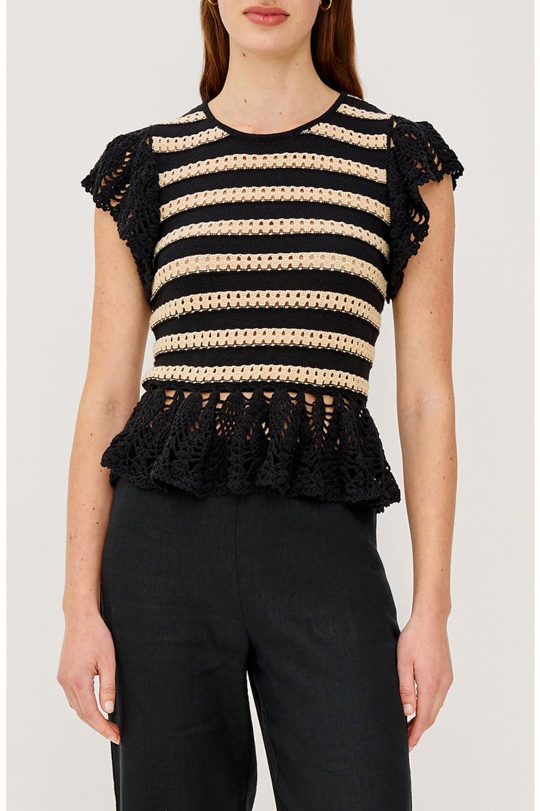 Coen Ruffle Sleeve Peplum Sweater, Main, color, BLACK OAT STRIPE