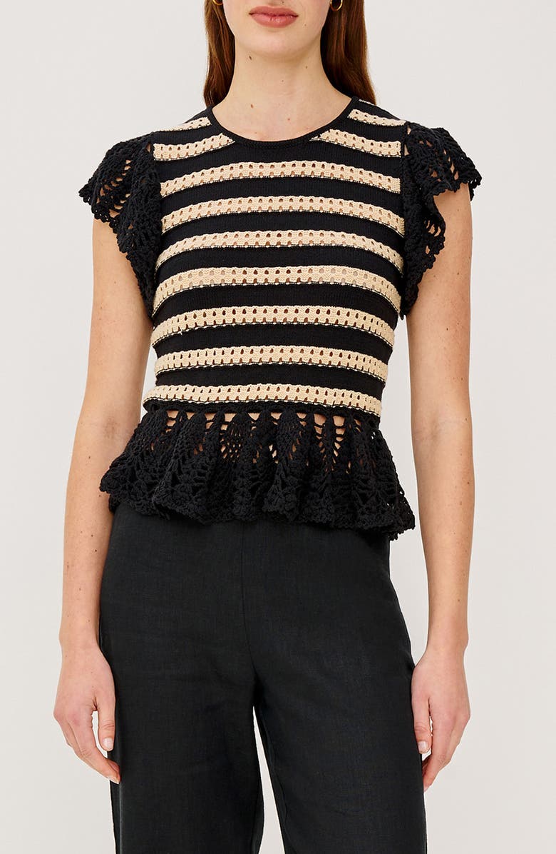 Rails Coen Ruffle Sleeve Peplum Sweater, Main, color, Black Oat Stripe