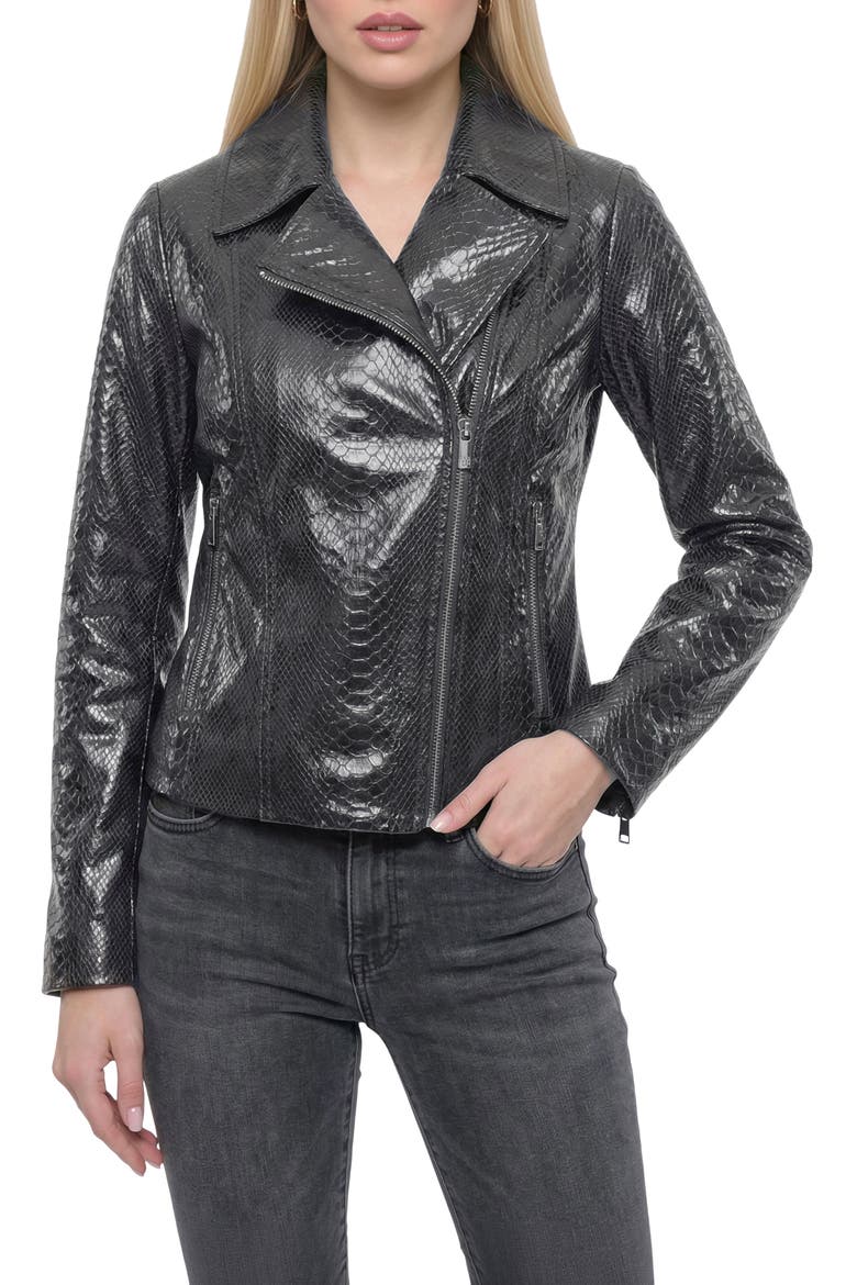 Genuine Metis Suede Pythn Printed Moto Zip Jacket, Alternate, color, ANTHRACITE