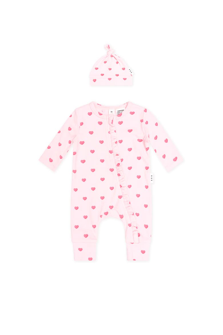 I Heart You Pointelle Frill Zip Romper & Beanie, Main, color, Baby Pink