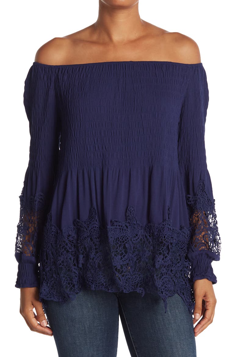 Crochet Trim Smocked Off-The-Shoulder Top, Main, color, NAVY