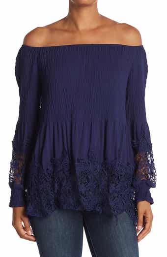 Forgotten Grace Crochet Trim Smocked Off-The-Shoulder Top