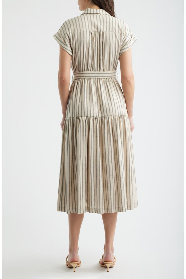 Stripe Belted Linen Midi Shirtdress, Alternate, color, LIGHT TAUPE