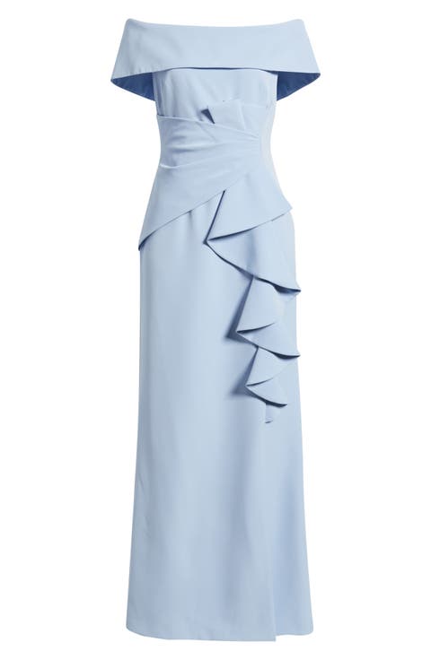 Cascade Ruffle Off the Shoulder Gown