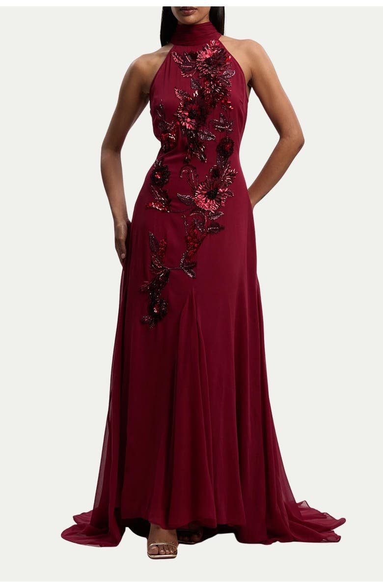 Karen Millen Feather Embellished Halter Maxi Dress, Alternate, color, Wine