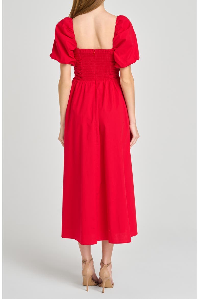 Lucy Ruched Puff Sleeve Midi Dress, Alternate, color, RED