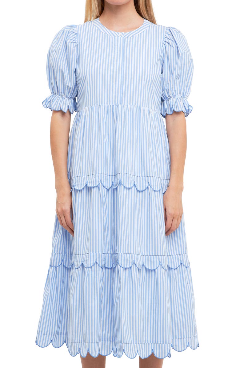 English Factory Stripe Scallop Edge Tiered Midi Dress, Alternate, color, Blue Stripe