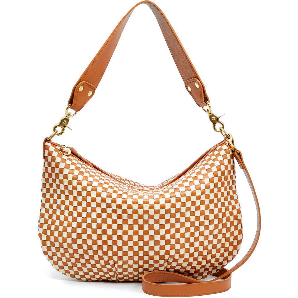 Clare V Petit Moyen Woven Leather Messenger Bag In Natural & Cream Woven Checker