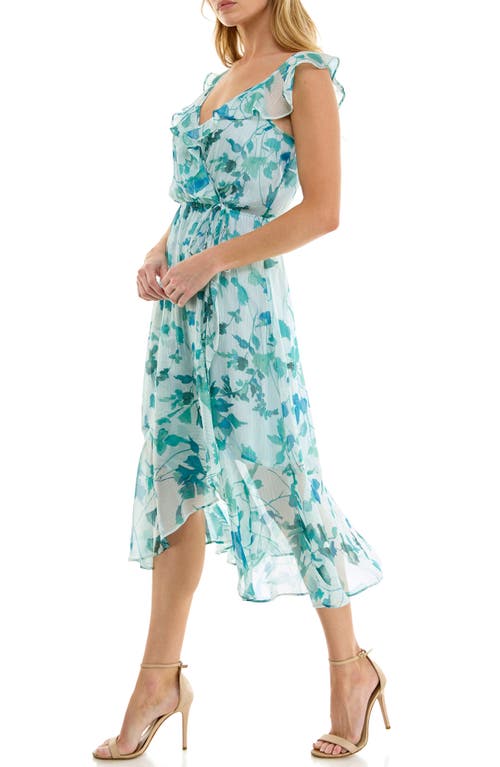 Socialite Ruffle Faux Wrap Chiffon Midi Dress In Blue Teal Vine