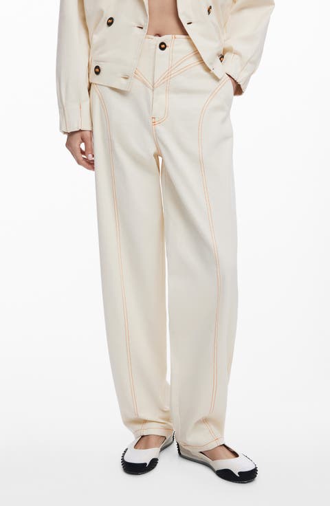 Topstitch Detail Stretch Cotton Pants