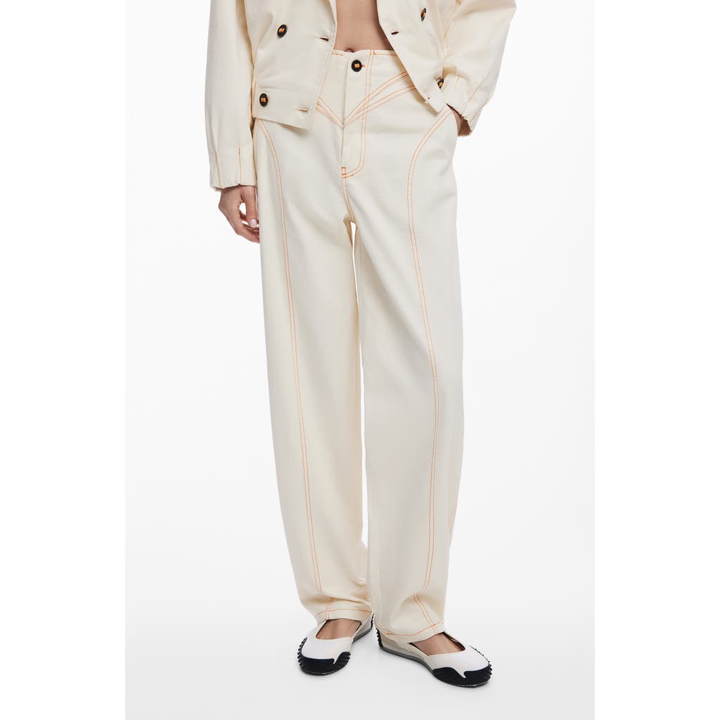 Desigual Topstitch Detail Stretch Cotton Pants In Neutral