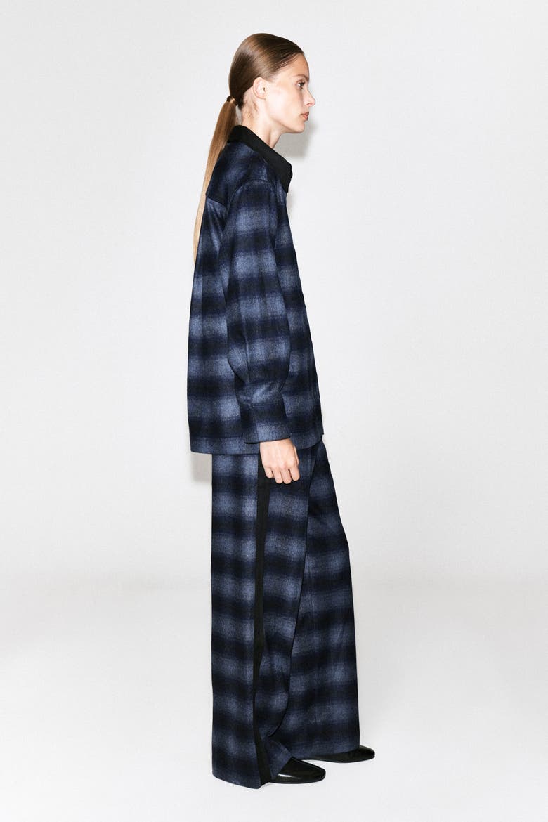 Satin-detail Checked Wool-blend Shirt, Alternate, color, BLUE / CHECKED