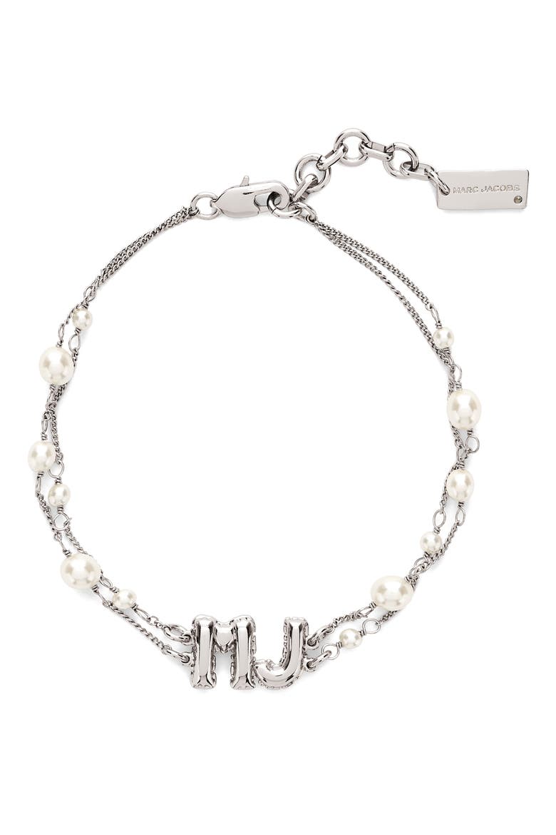MJ Balloon Charm Faux Pearl Bracelet, Main, color, SILVER