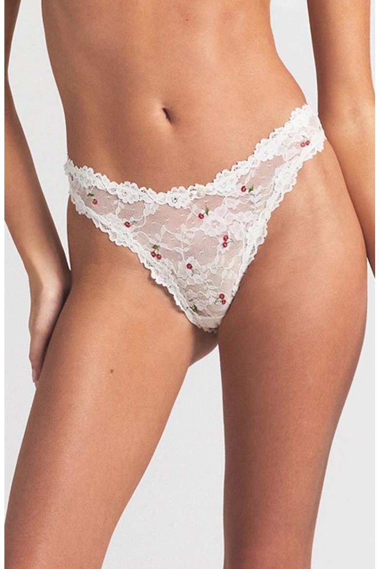 Stretch Lace Dipped Thong, Main, color, IVORY CHERRY PRINT