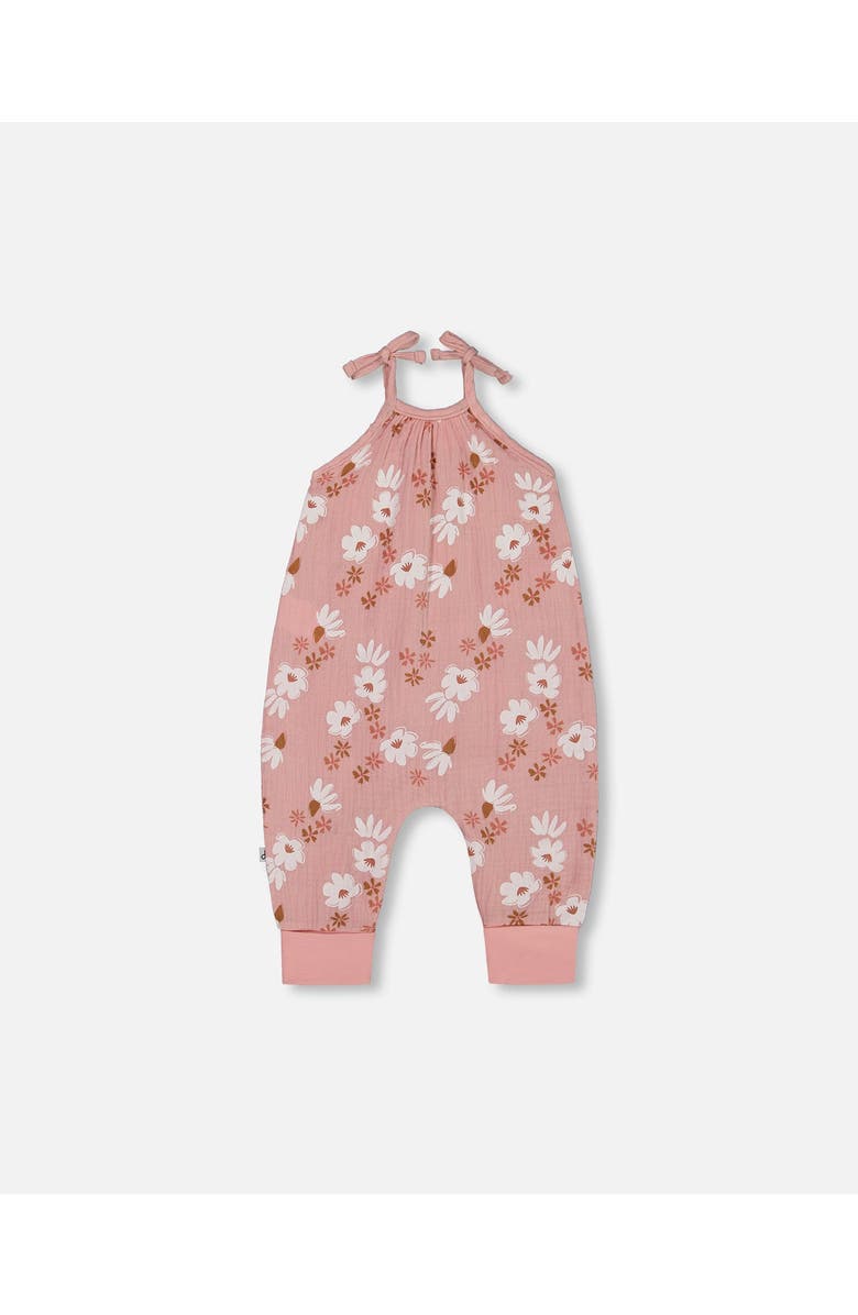 Deux par Deux Baby Girl's Printed Muslin Tie Strap Jumpsuit Pink And White Flowers, Alternate, color, Pink And White Flowers