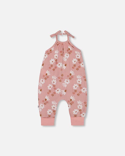 Deux Par Deux Baby Girl's Printed Muslin Tie Strap Jumpsuit Pink And White Flowers In Pink And White Flowers