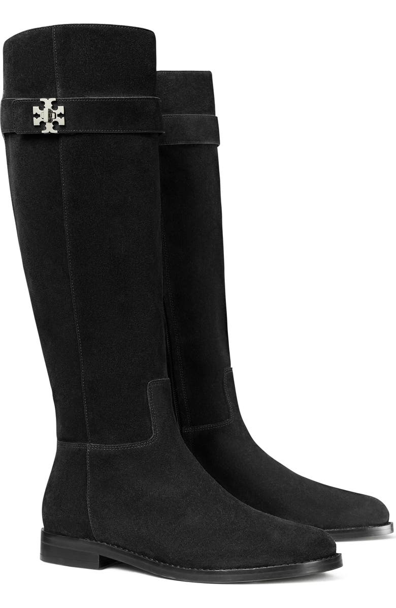 Tory Burch T Lock Knee High Riding Boot, Main, color, Perfect Black Suede