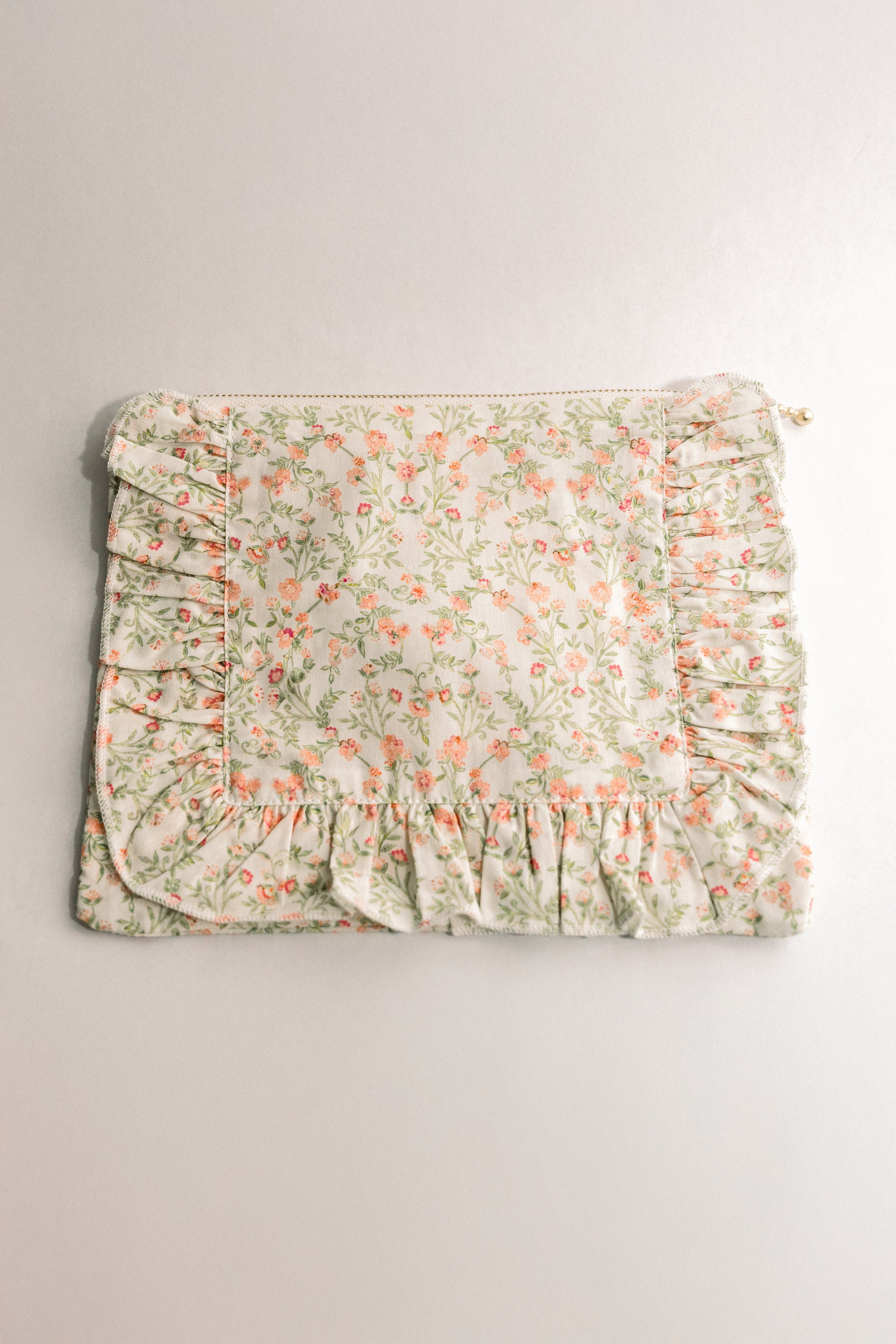 Timeless Floral Ruffle Zipper Pouch, Main, color, Apricot Meadow