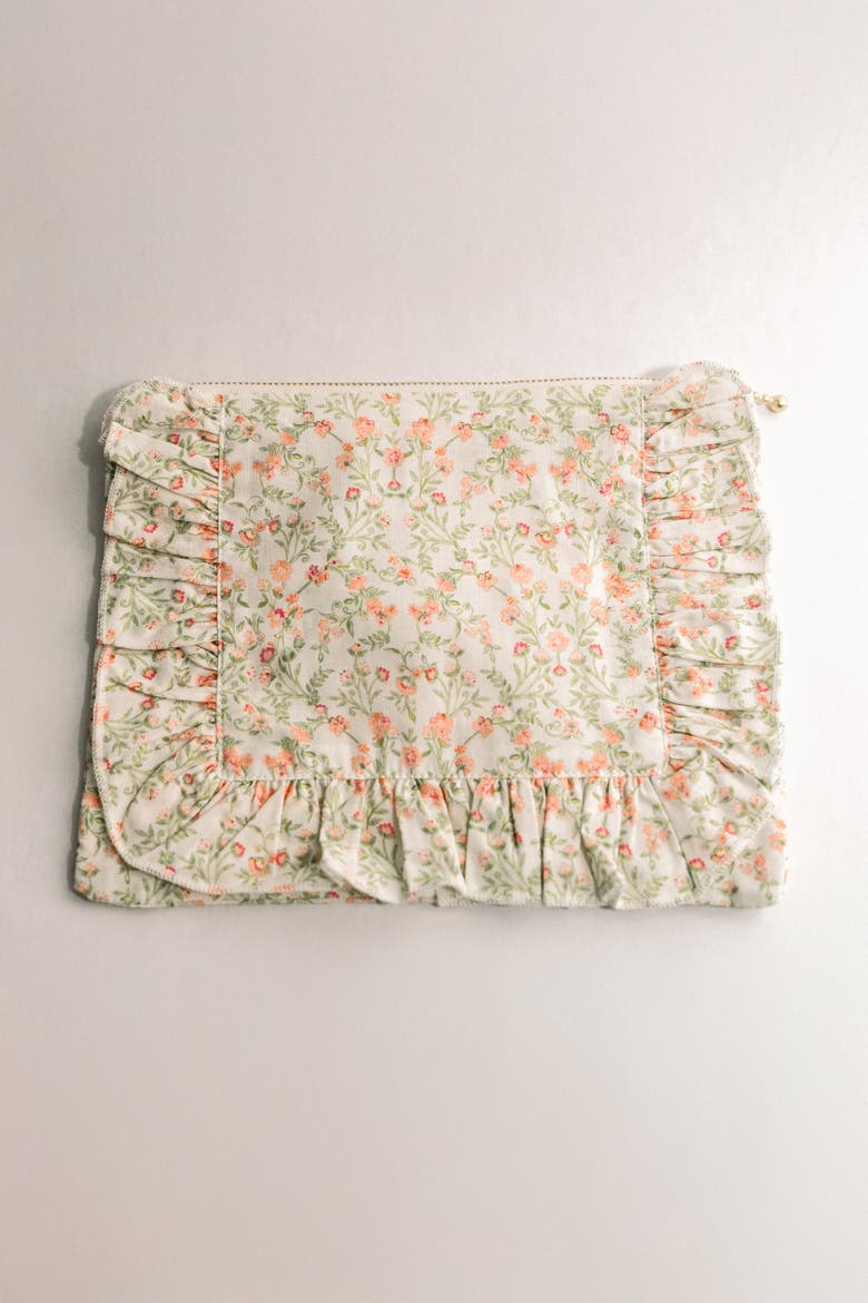 Timeless Floral Ruffle Zipper Pouch, Main, color, Apricot Meadow