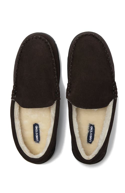 Lands' End Fuzzy Lined Suede Moccasin Slippers In Dark Mahogany Suede