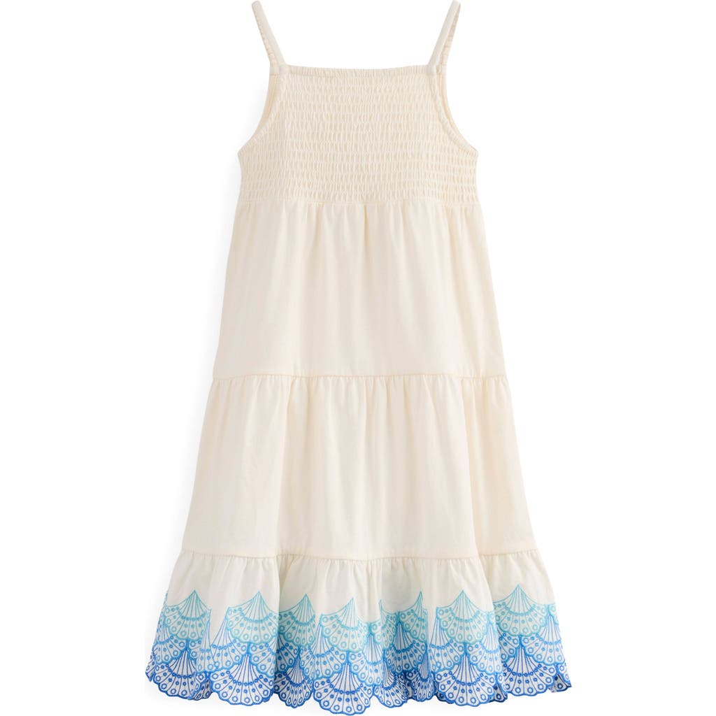 Mini Boden Kids' Enza Shell Embroidered Tiered Cotton Sundress In Soft Ivory Shells