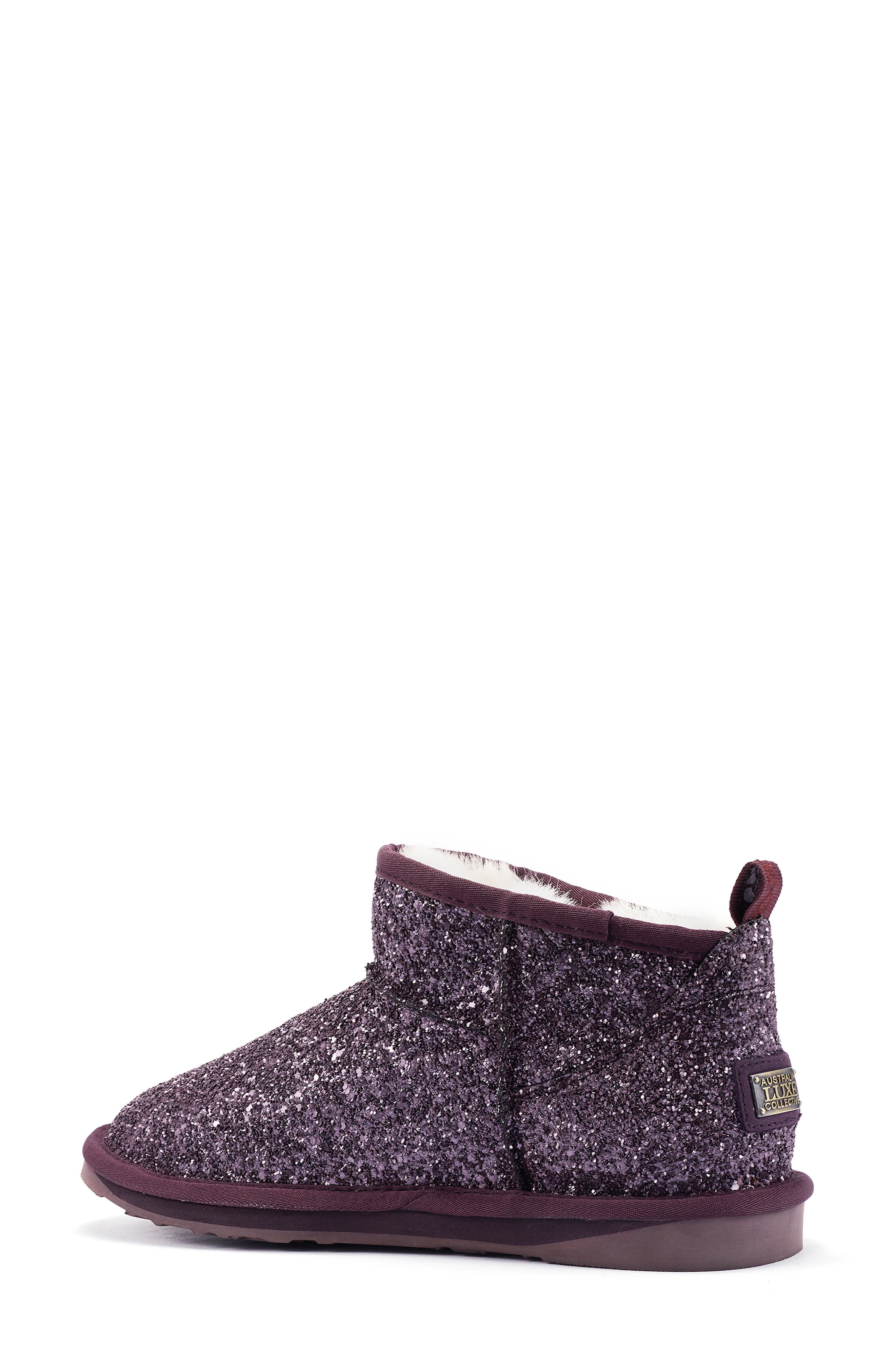 Australia Luxe Collective Cosy Genuine Shearling Glitter Ultra Short Bootie, Alternate, color, Plum