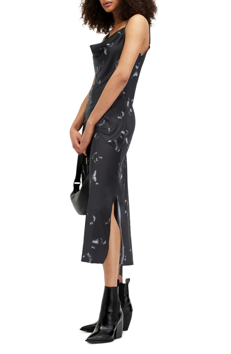 AllSaints Hadley Butterfly Print Cowl Neck Satin Slipdress, Alternate, color,