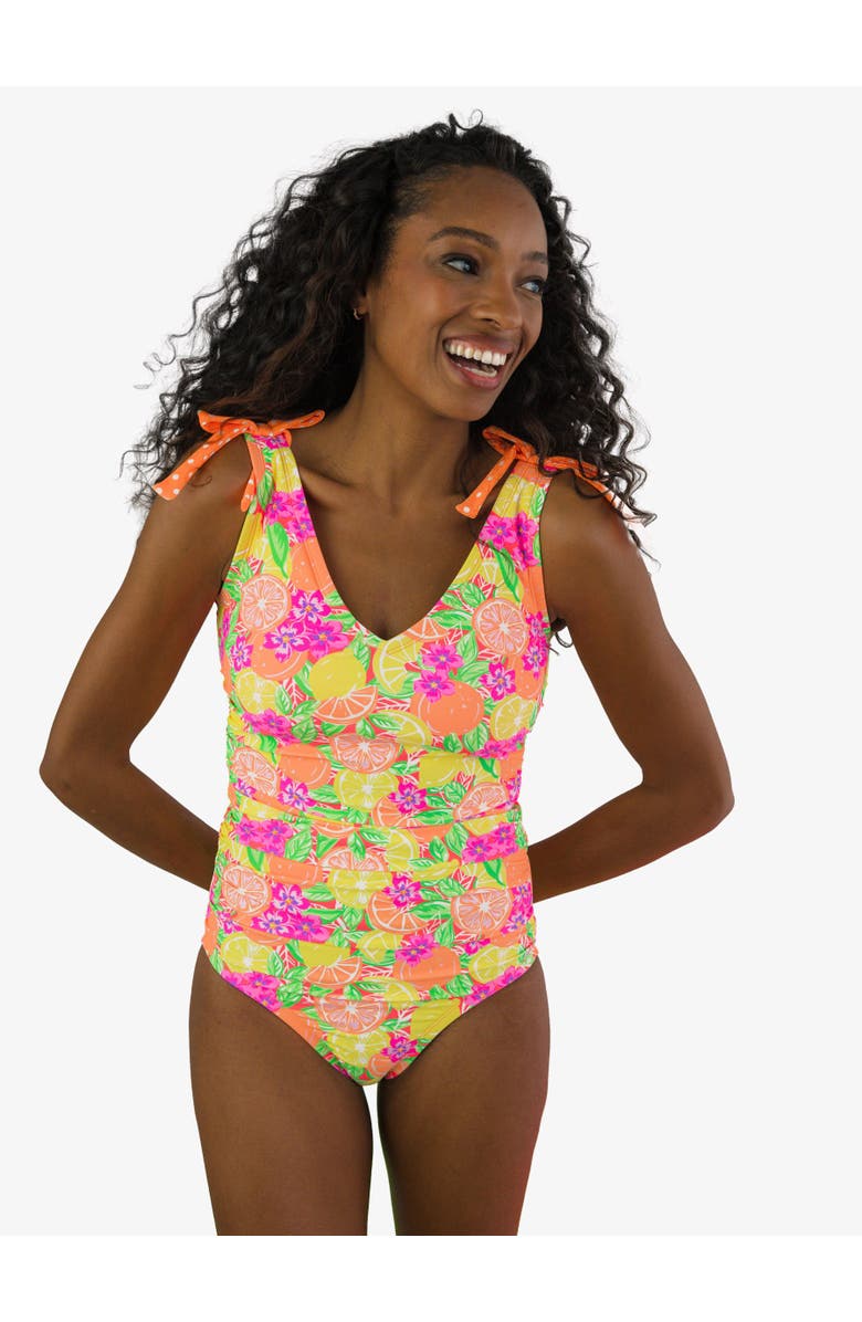 RuffleButts UPF50+ Women's Bow V-Neck One Piece Swimsuit, Alternate, color, Neon Squeeze The Day