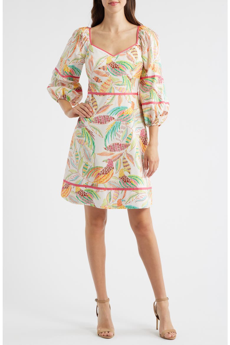 Puff Sleeve Cotton Poplin Dress, Main, color, IVORY MULT