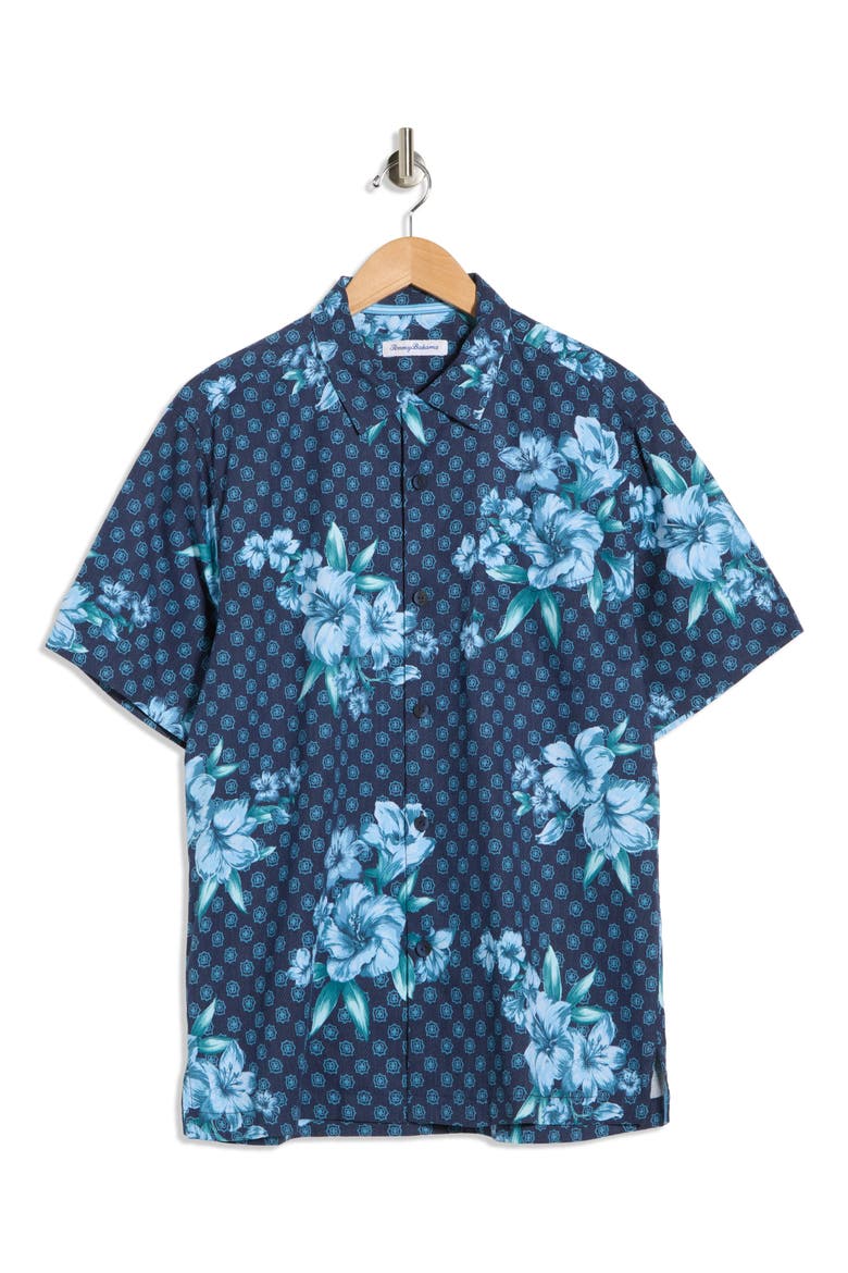 Medallion Blooms Short Sleeve Silk Button-Up Shirt, Alternate, color, MAJOLICA BLUE