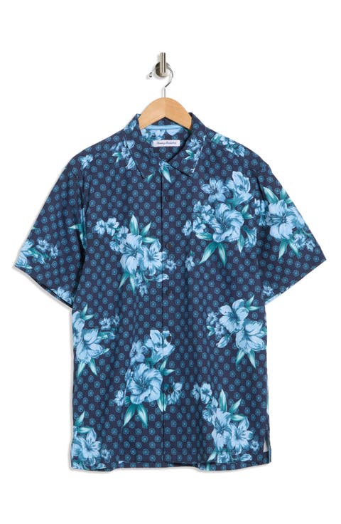Medallion Blooms Short Sleeve Silk Button-Up Shirt