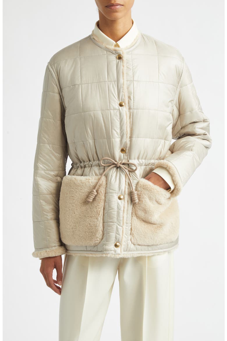 Tipule Box Quilted Down Jacket with Faux Fur Trim, Main, color, BEIGE