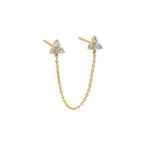 Diamond Trio Cluster Chain Double Stud Earring 14K
