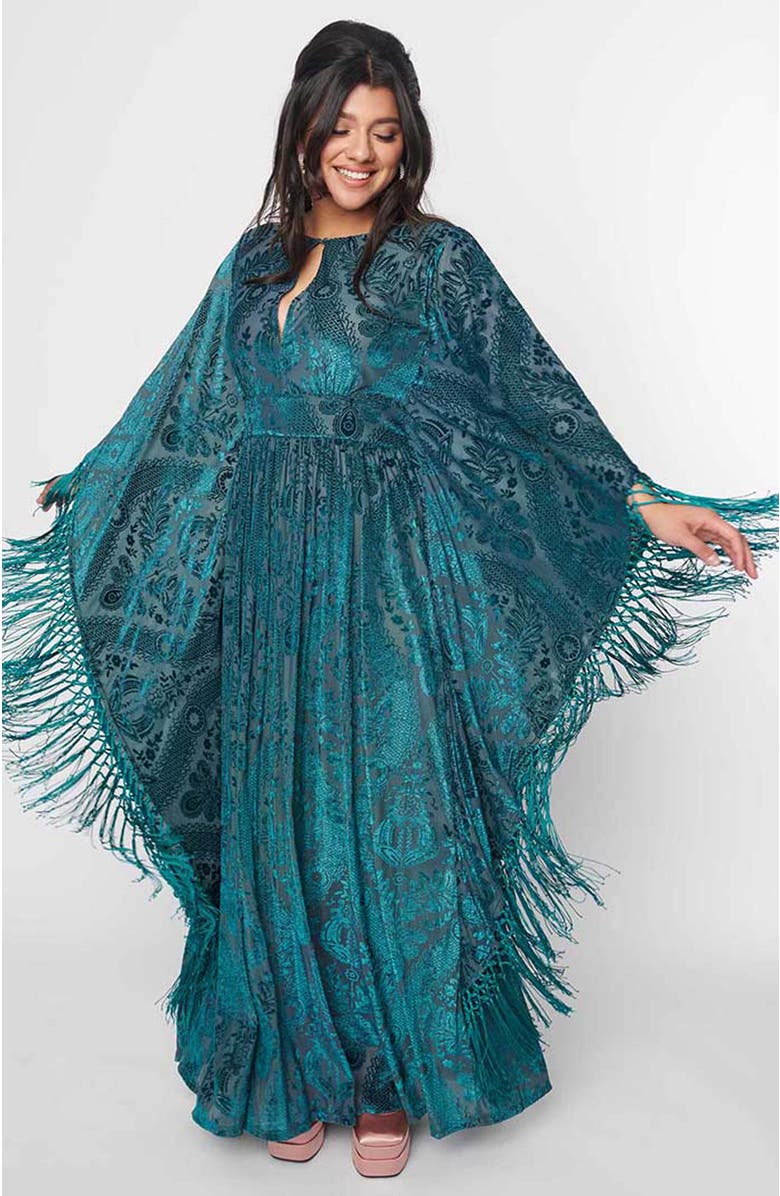 Unique Vintage 1960s Fringe Flutter Sleeve Caftan, Main, color, Emerald Floral