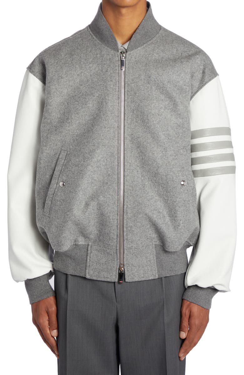 Thom Browne 4-Bar Oversize Wool & Leather Bomber Jacket, Main, color, 