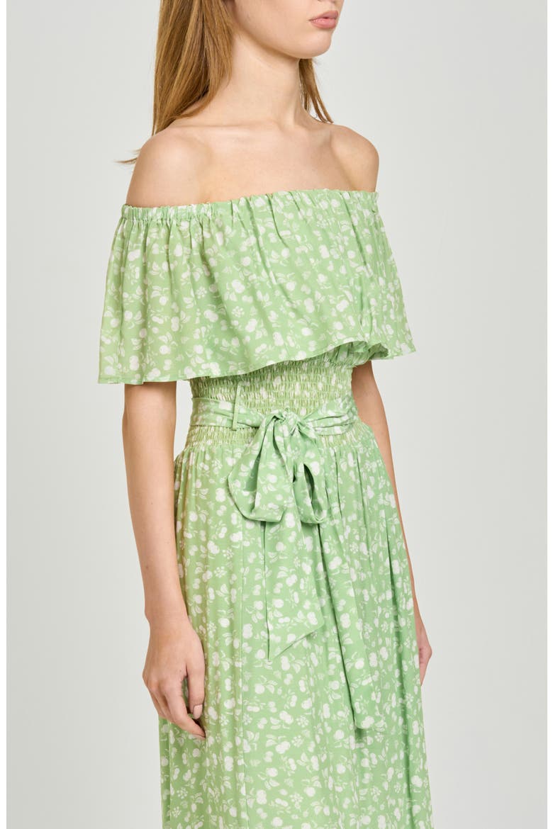 Indie Ditsy Floral Off the Shoulder Tiered Midi Dress, Alternate, color, PISTACHIO ALLOVER FLORAL