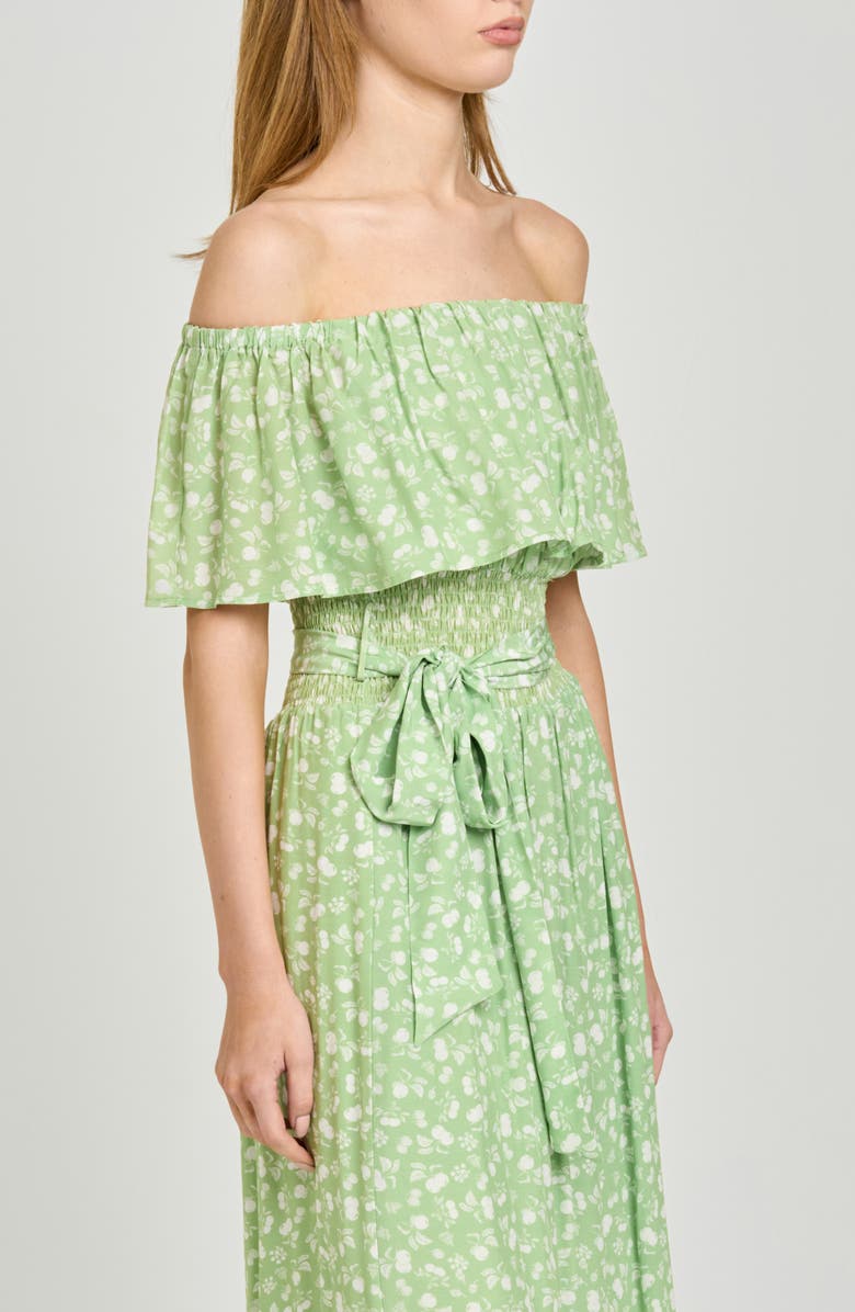 WAYF Indie Ditsy Floral Off the Shoulder Tiered Midi Dress, Alternate, color, Pistachio Allover Floral