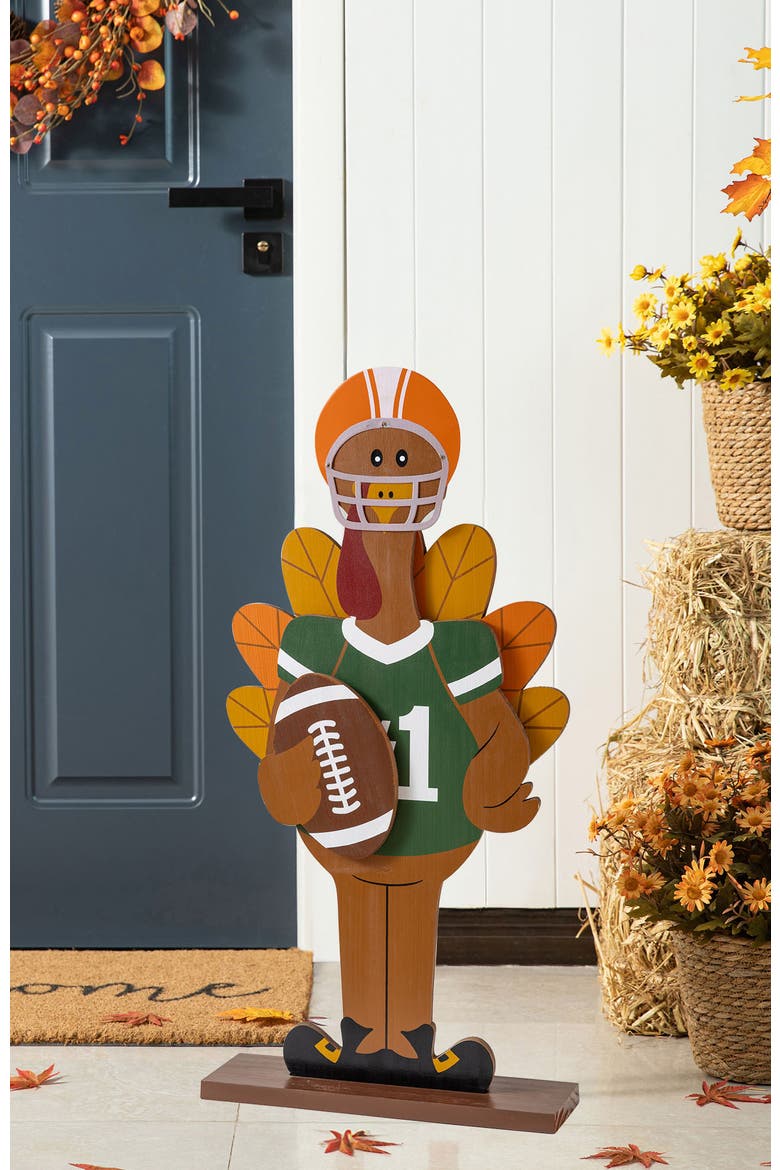 29.5"H Thanksgiving Wooden Football Turkey Porch Decor, Alternate, color, Brown