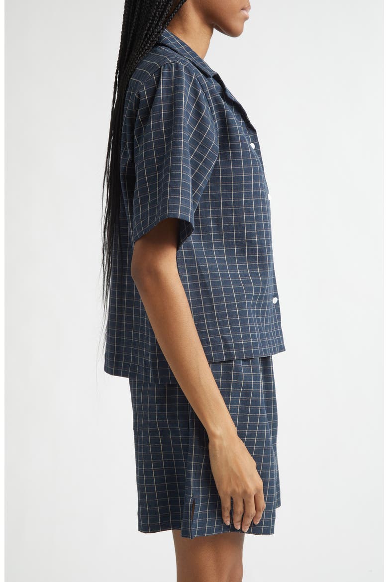 London Windowpane Check Stretch Linen Bowling Shirt, Alternate, color, NAVY / IVORY / RUST