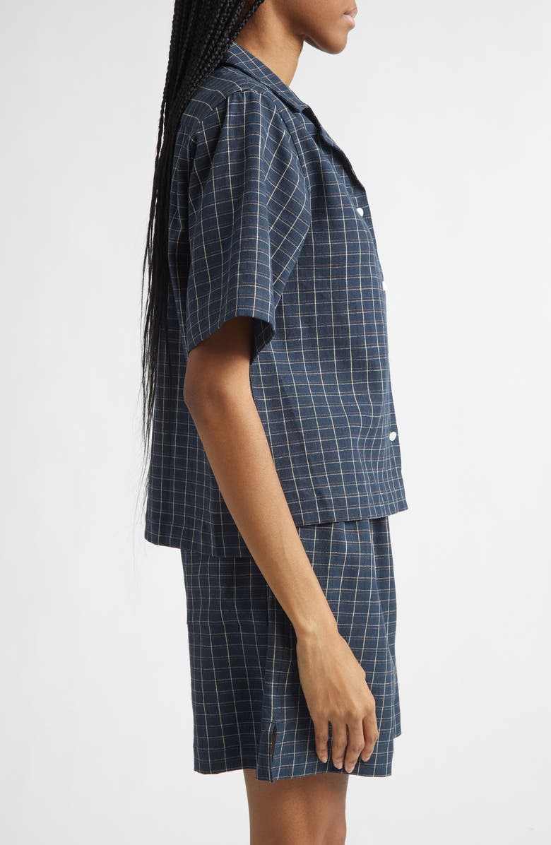 Wales Bonner London Windowpane Check Stretch Linen Bowling Shirt, Alternate, color, Navy / Ivory / Rust