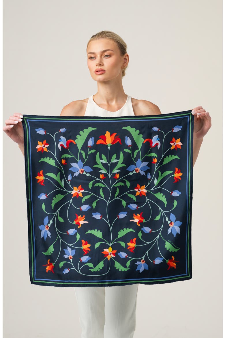 Navy Vine Double Sided Silk Scarf, Alternate, color, Blue