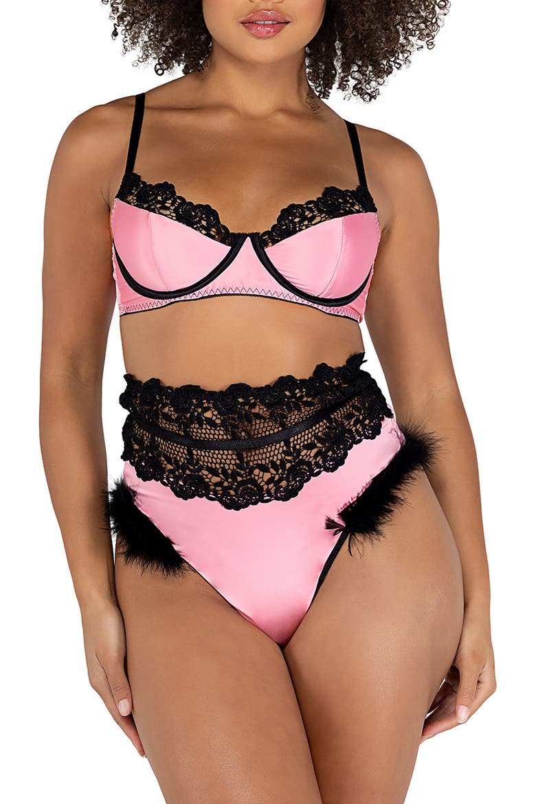 Embroidery & Satin Underwire Bra & High Waisted Thong, Main, color, PINK/ BLACK