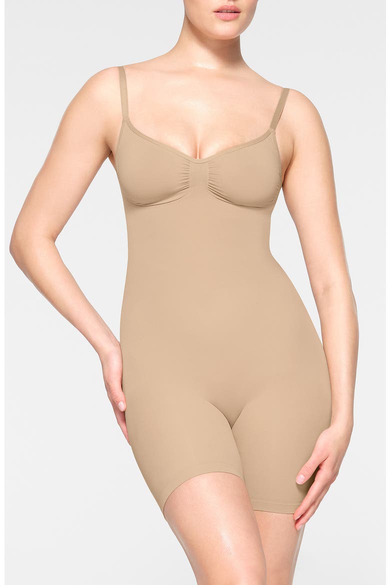 Seamless Sculpt Low Back Mid Thigh Bodysuit, Main, color, CLAY