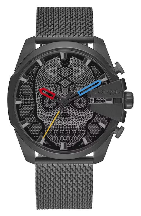 Skull Quartz Mesh Bracelet Watch, 53mm