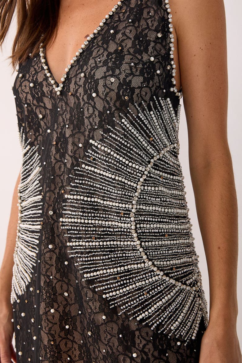 Contrast Lace Plunge Sequin Mini Dress, Alternate, color, Black
